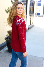 Casual Chic Burgundy Pointelle Lace Shoulder Knit Sweater