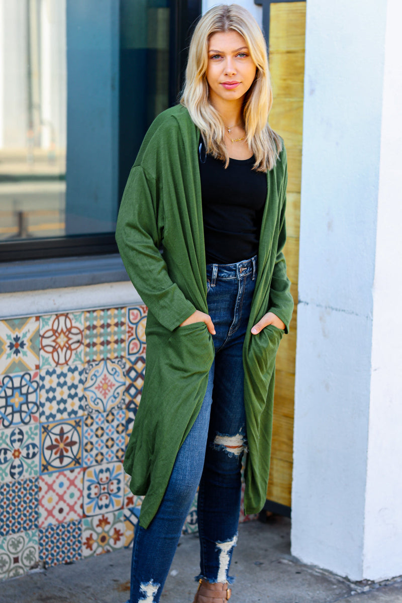 Over The Moon Olive Hacci Midi Open Cardigan