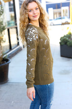 Casual Chic Olive Pointelle Lace Shoulder Knit Sweater