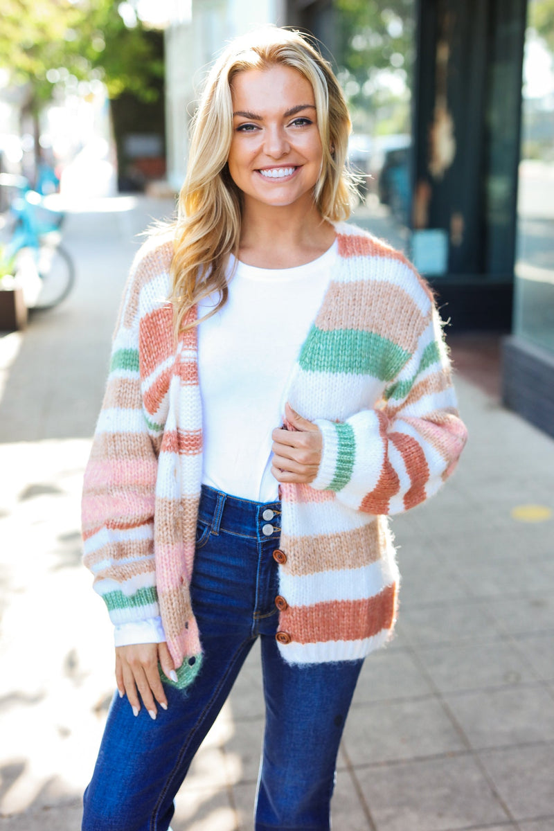 Fall Vibes Taupe & Sage Stripe Button Down Cardigan