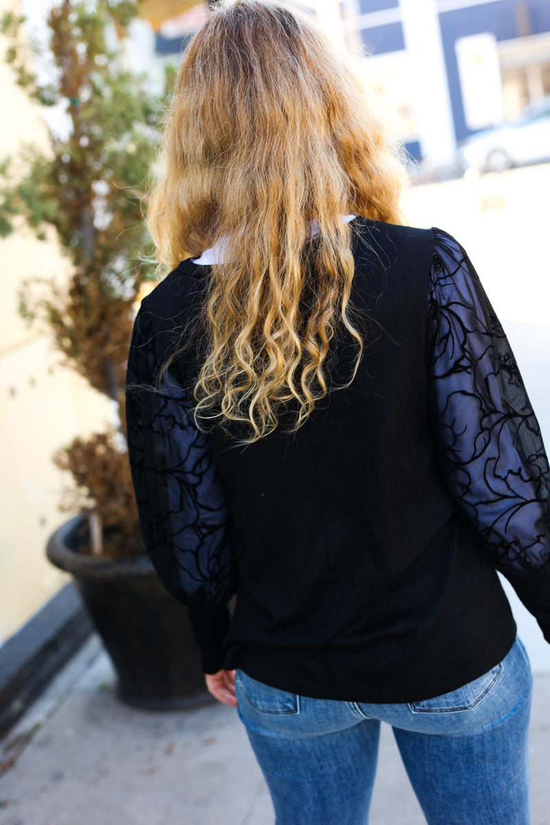 Black Floral Mesh Bubble Sleeve Top