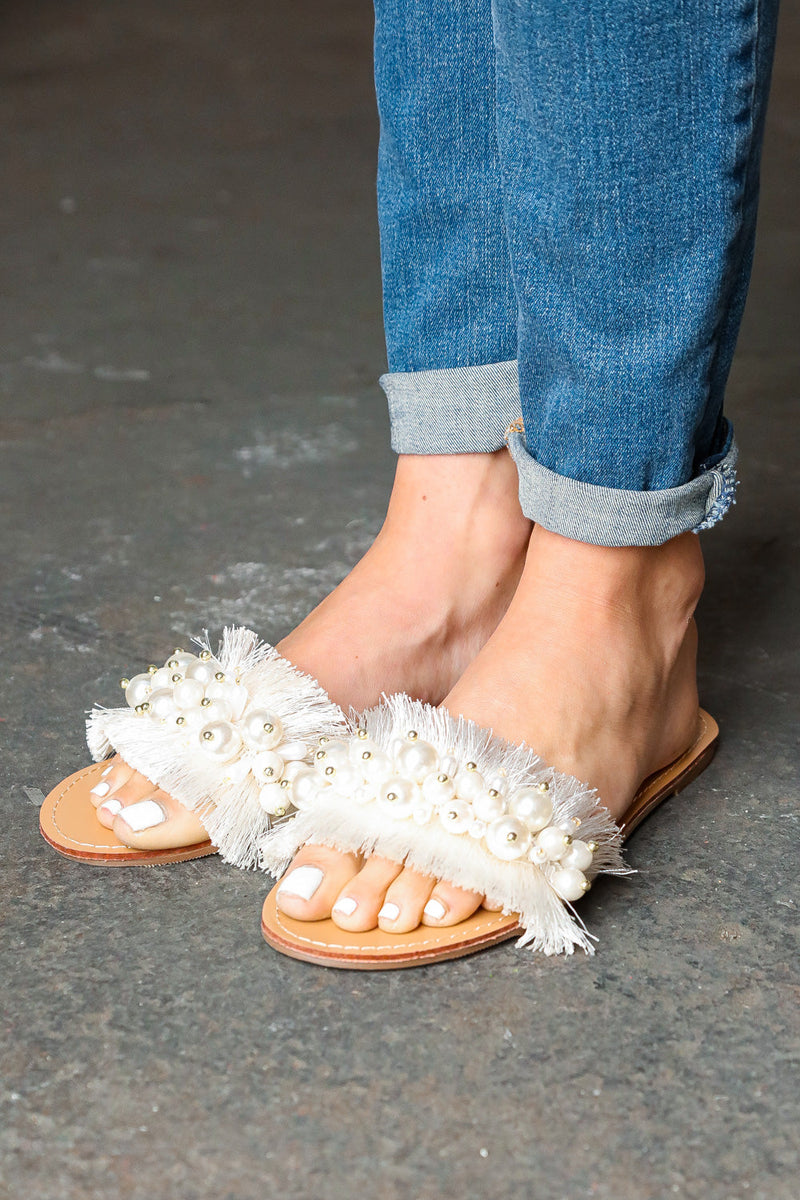 Ivory Linen Fray Beaded Faux Pearl Slide Sandal