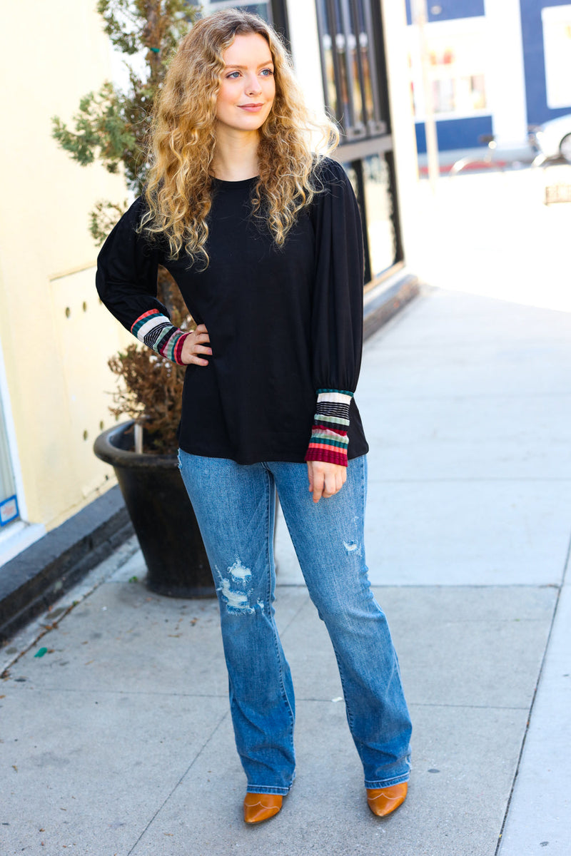 Black Multicolor Stripe Banded Puff Sleeve Top