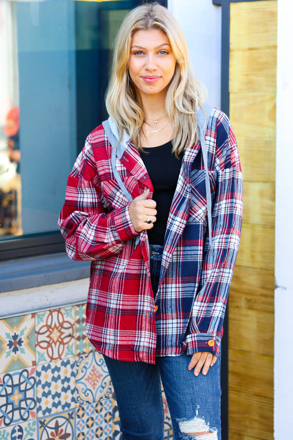 Red & Navy Plaid Color Block Hoodie Shacket