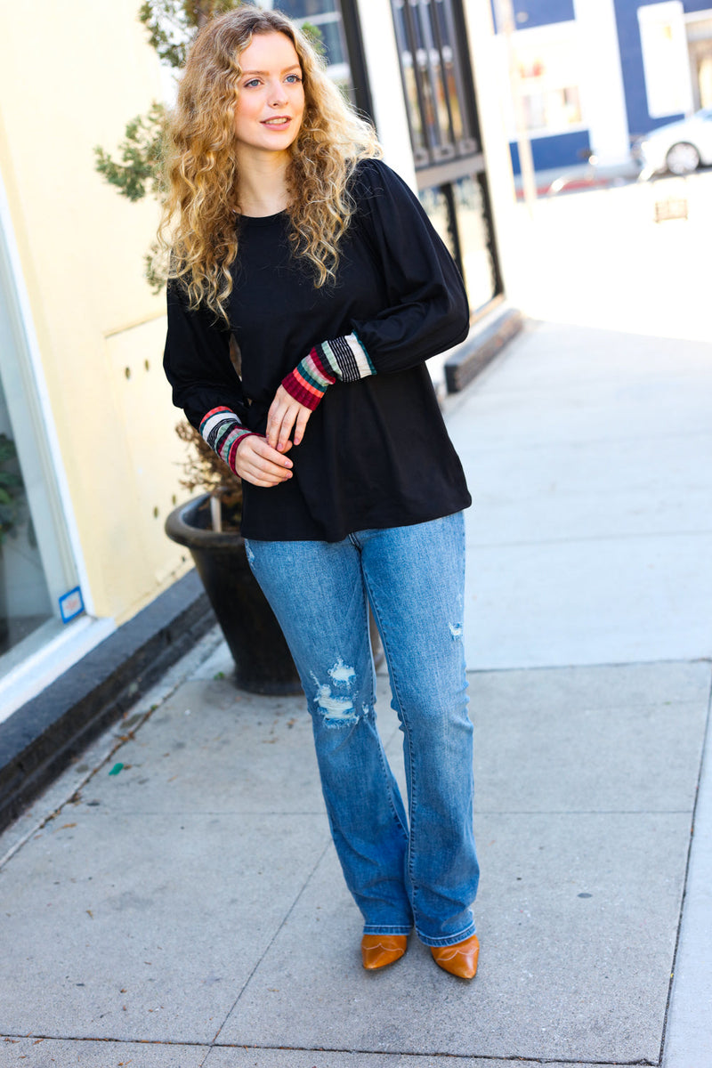 Black Multicolor Stripe Banded Puff Sleeve Top