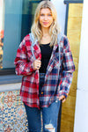 Red & Navy Plaid Color Block Hoodie Shacket