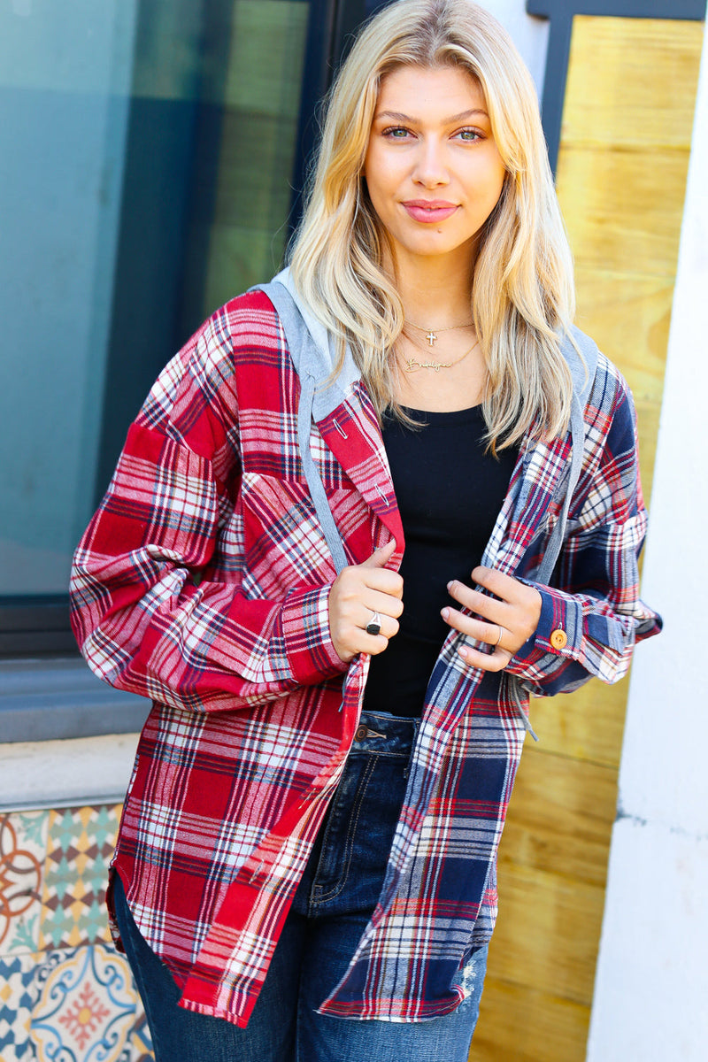 Red & Navy Plaid Color Block Hoodie Shacket