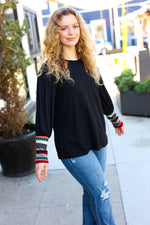 Black Multicolor Stripe Banded Puff Sleeve Top