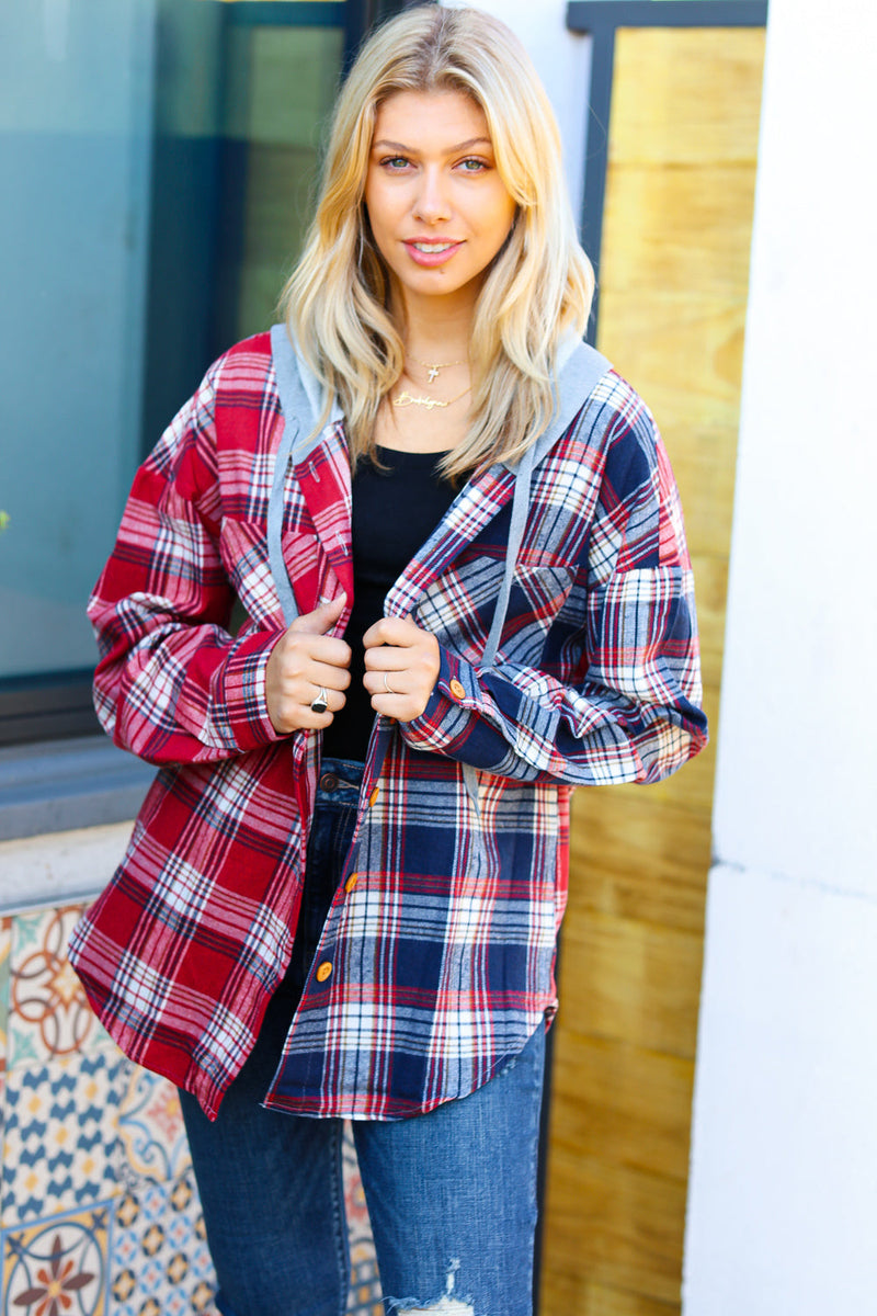 Red & Navy Plaid Color Block Hoodie Shacket