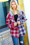 Red & Navy Plaid Color Block Hoodie Shacket