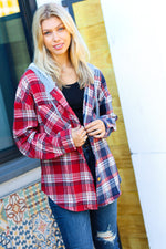 Red & Navy Plaid Color Block Hoodie Shacket