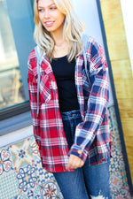 Red & Navy Plaid Color Block Hoodie Shacket