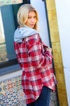 Red & Navy Plaid Color Block Hoodie Shacket