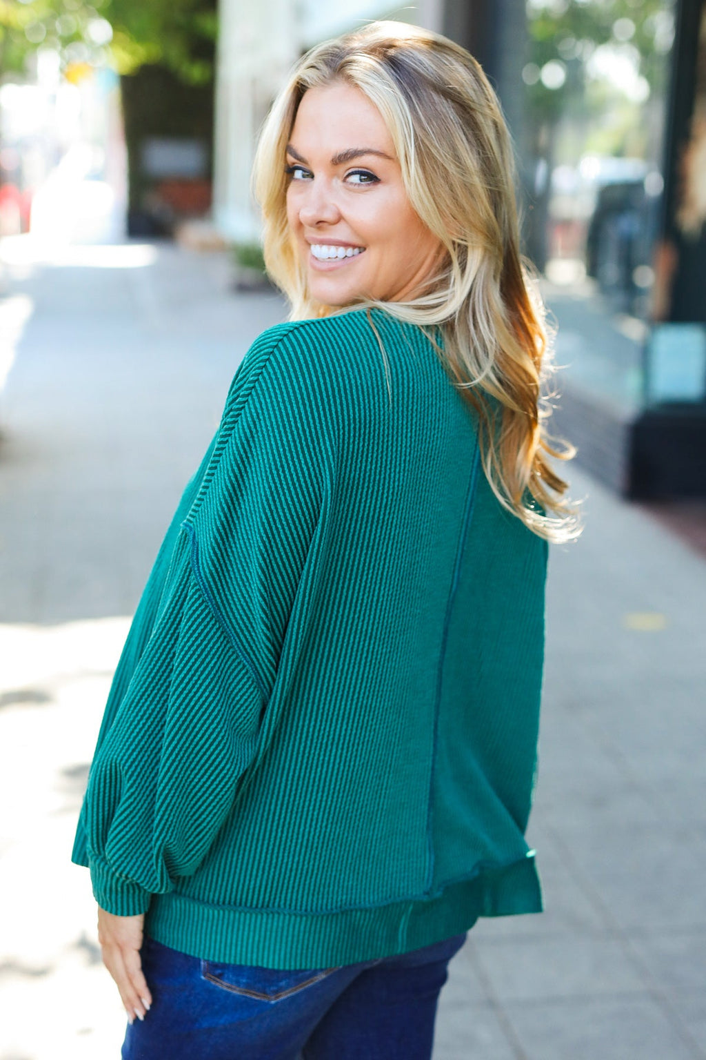 Weekend Ready Hunter Green Mineral Wash Rib Pullover Top