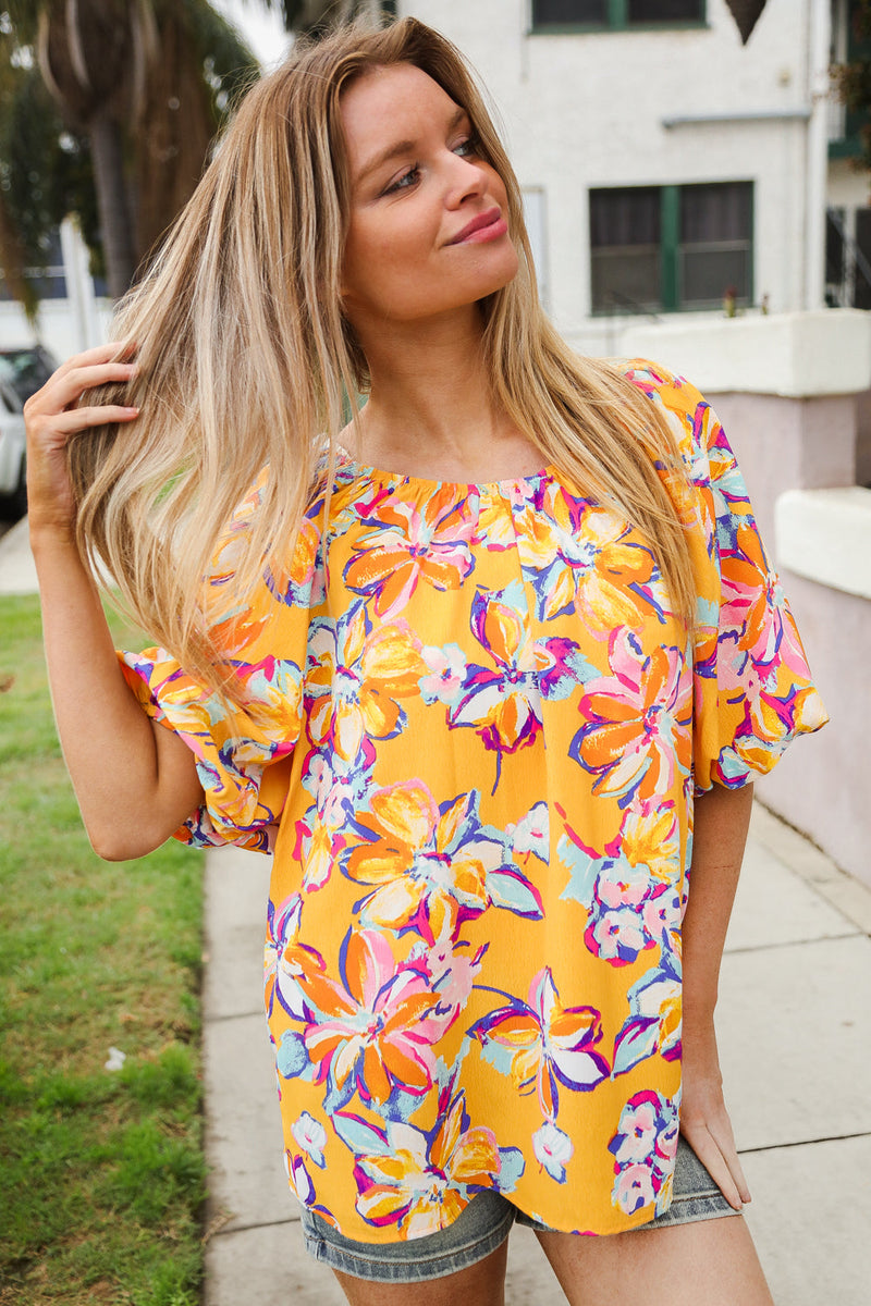 Give Joy Yellow Tropical Floral Print Elastic Elbow-Length Sleeve Blouse