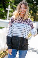 Two Tone Hacci Leopard Stripe Color Block Top