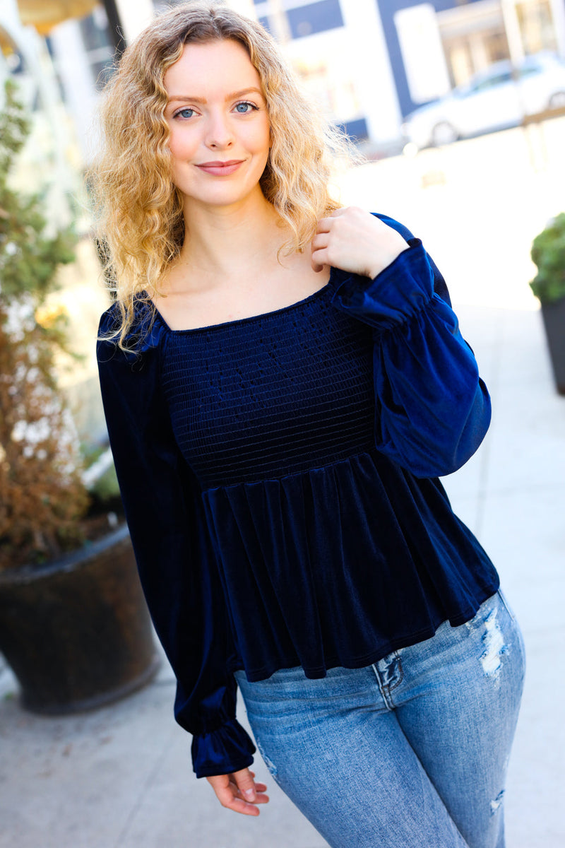 Shine Your Light Navy Crushed Velvet Smocked Ruffle Top