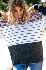 Two Tone Hacci Leopard Stripe Color Block Top