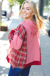 Adorable in Marsala Plaid Color Block Zipper French Terry Hoodie