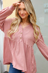 Rose Button Detail Babydoll Outseam Bubble Sleeve Top