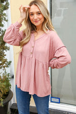 Rose Button Detail Babydoll Outseam Bubble Sleeve Top