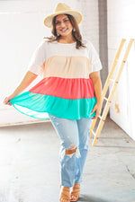 Ivory & Peach Woven Crepe Tiered Dolman Blouse