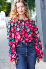 Your Best Days Magenta & Hunter Green Floral Print Frill Neck Top