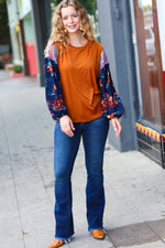 Rust & Navy Floral Textured Hacci Top