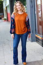 Rust & Navy Floral Textured Hacci Top