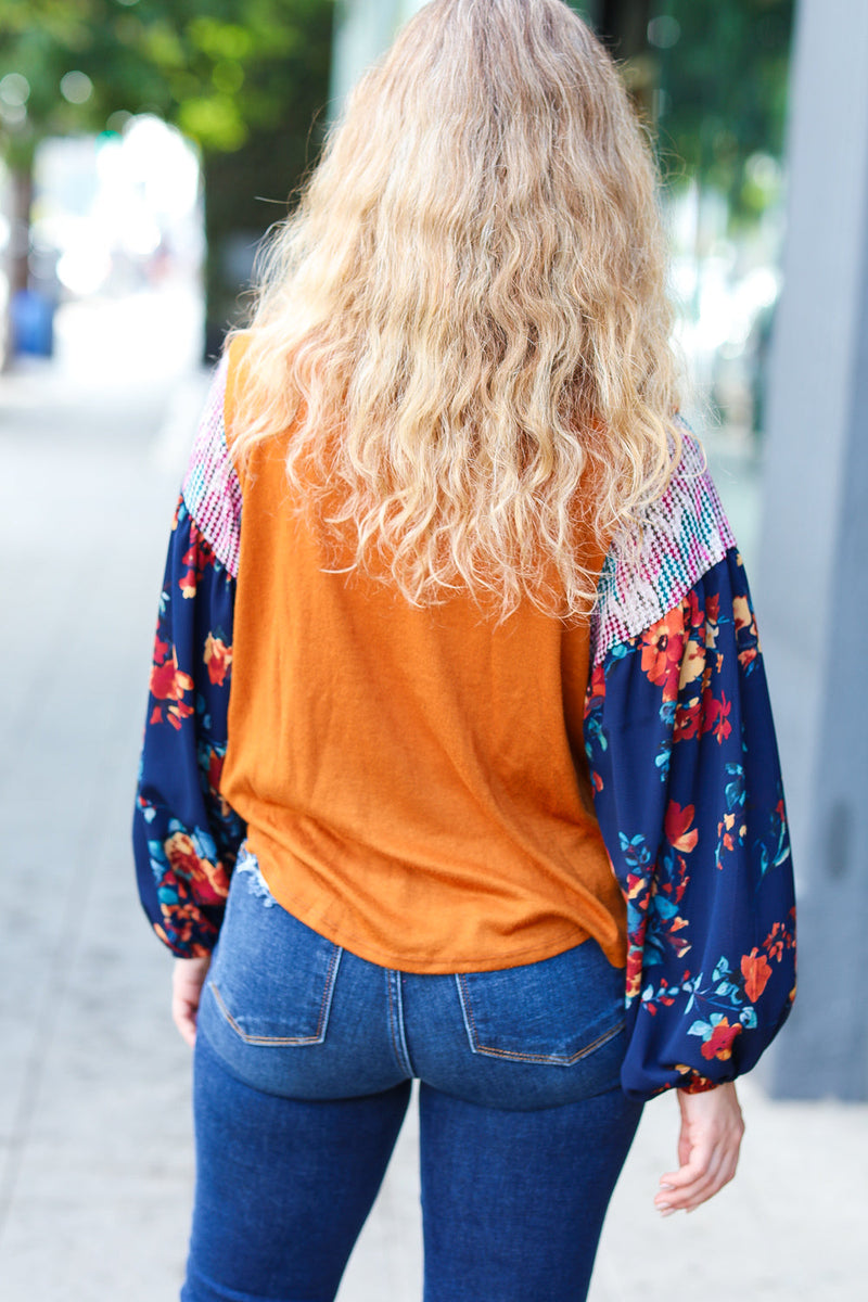 Rust & Navy Floral Textured Hacci Top