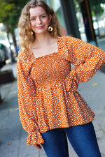 Rust Leopard Print Smocked Ruffle Hem Top