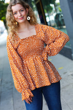 Rust Leopard Print Smocked Ruffle Hem Top