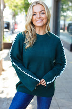 Fall Vibes Hunter Green Rib Knit Large Stitch Oversized Sweater