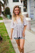 Feeling Bold Blue Grey Animal Print Short Sleeve Babydoll Top