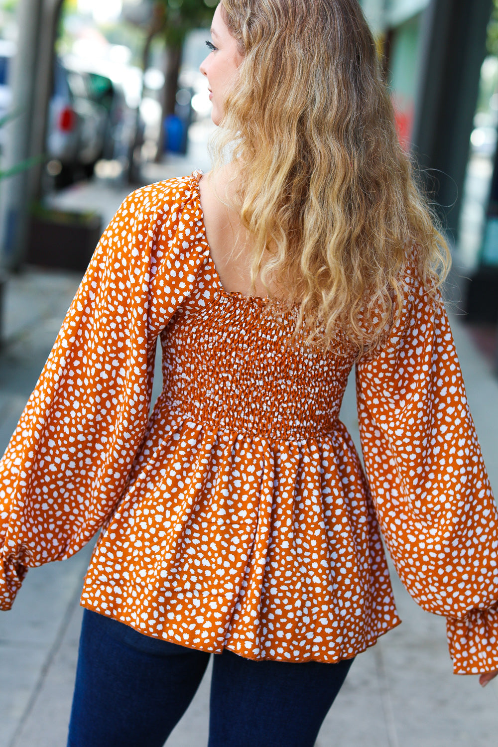 Rust Leopard Print Smocked Ruffle Hem Top