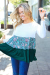 Charming Hunter Green Floral Frill Tiered Color Block Top