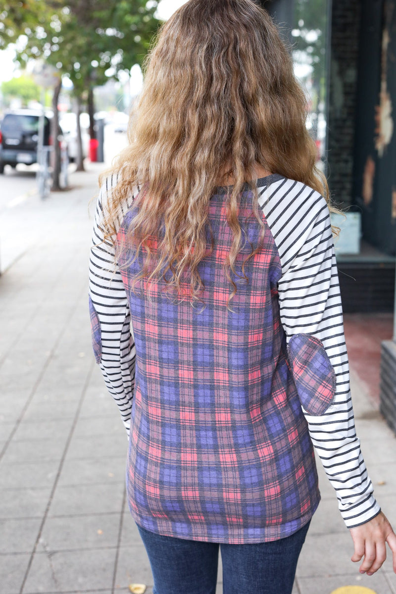 Feeling Playful Plaid/Stripe Outseam Stitch Elbow Patch Pullover