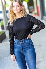 Can't Help But Love Black Shirred Velvet Mesh Blouse