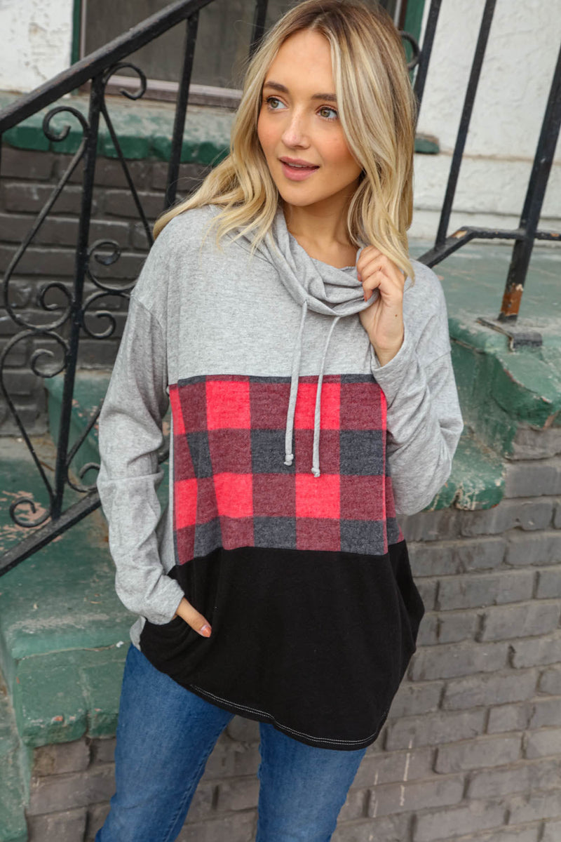 Plaid and Grey Cashmere Feel Turtleneck Top