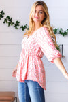 Pink Floral Stripe V Tie Neck Knit Top