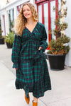 All I Want Hunter Green Plaid Elastic V Neck Tiered Maxi Dress