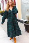 All I Want Hunter Green Plaid Elastic V Neck Tiered Maxi Dress