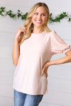 Peach Eyelet Puff Sleeve French Terry Top