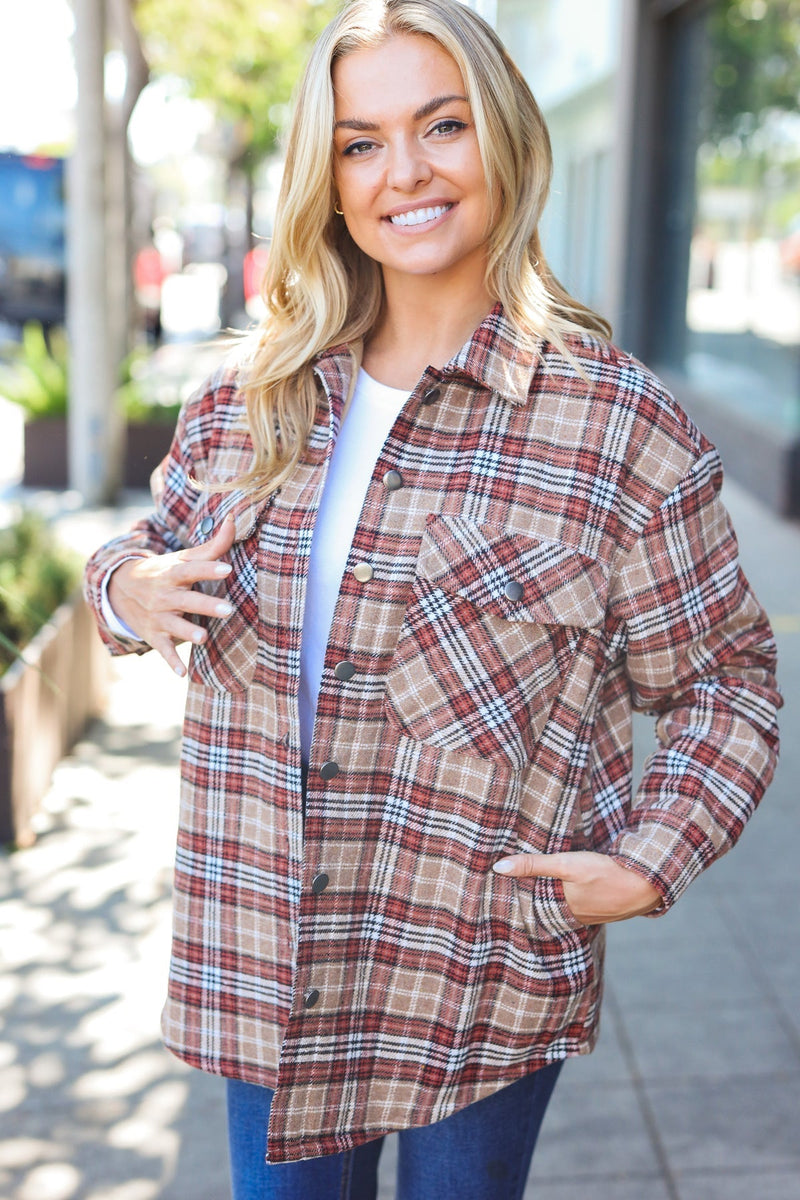 Be You Best Taupe Plaid Quilt Lined Button Down Shacket