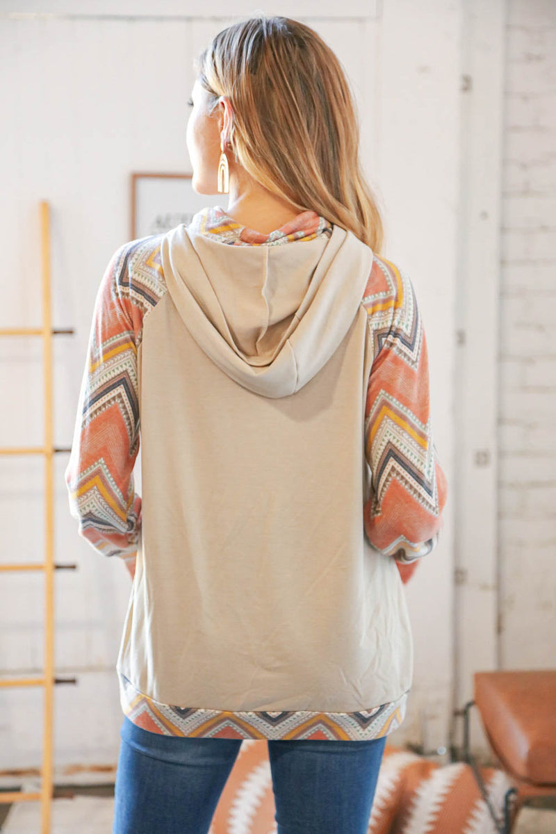 Taupe Chevron Color Block Zipper Hoddie