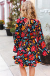 Lock Eyes Black Floral Sequin Print Ruffle Sleeve Frill Mock Neck Dress