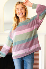 Classic Chic Olive & Burgundy Striped Textured Knit Top