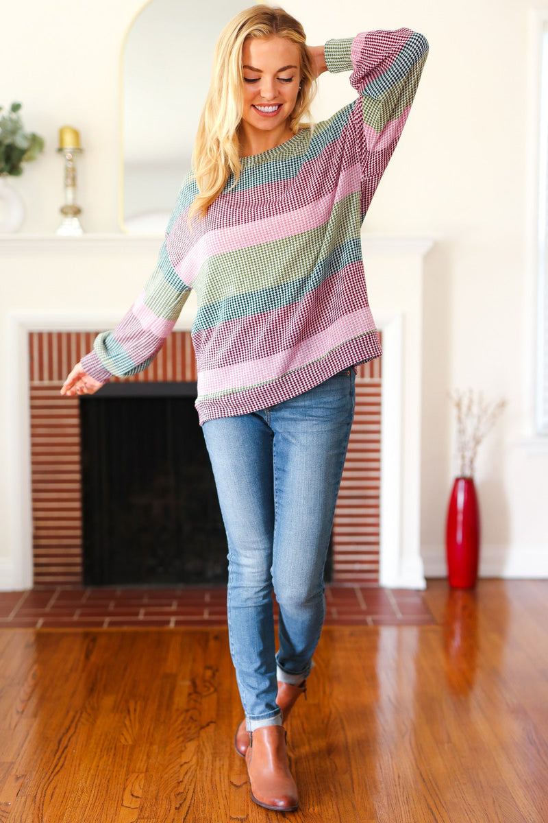 Classic Chic Olive & Burgundy Striped Textured Knit Top