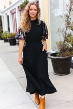 Black Floral Sequin Puff Sleeve Mock Neck Tiered Maxi Dress