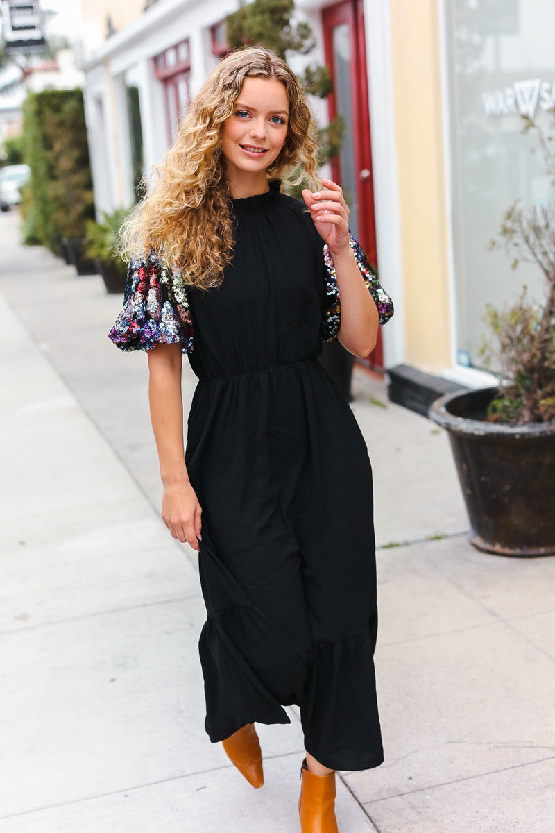 Black Floral Sequin Puff Sleeve Mock Neck Tiered Maxi Dress